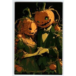 Vintage Halloween Pumpkin Head Couple Photochrome Postcard 5.5x4"